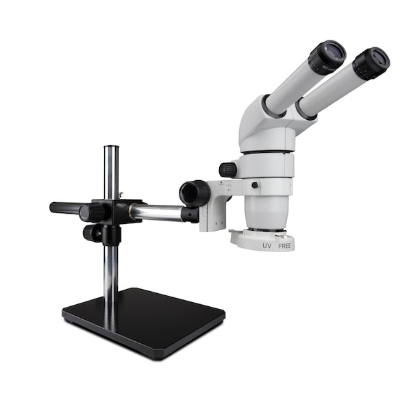 20 Deg. Head Stereo Zoom Microscope And LED Ring Light On Single Arm Stand